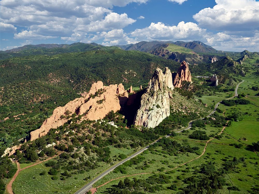 Aerial view of some of the standout red-rock formations at the Garden of the Gods, a municipally owned and free park in…