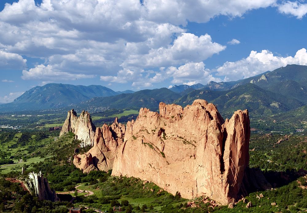 Aerial view of some of the standout red-rock formations at the Garden of the Gods, a municipally owned and free park in…