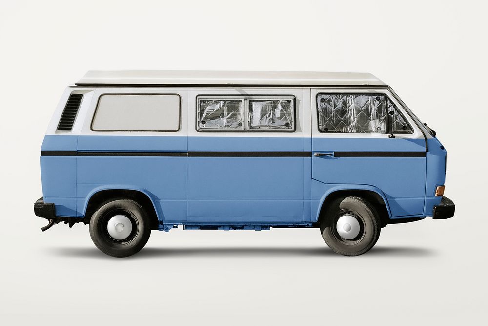 Old blue van, classic car for camping psd