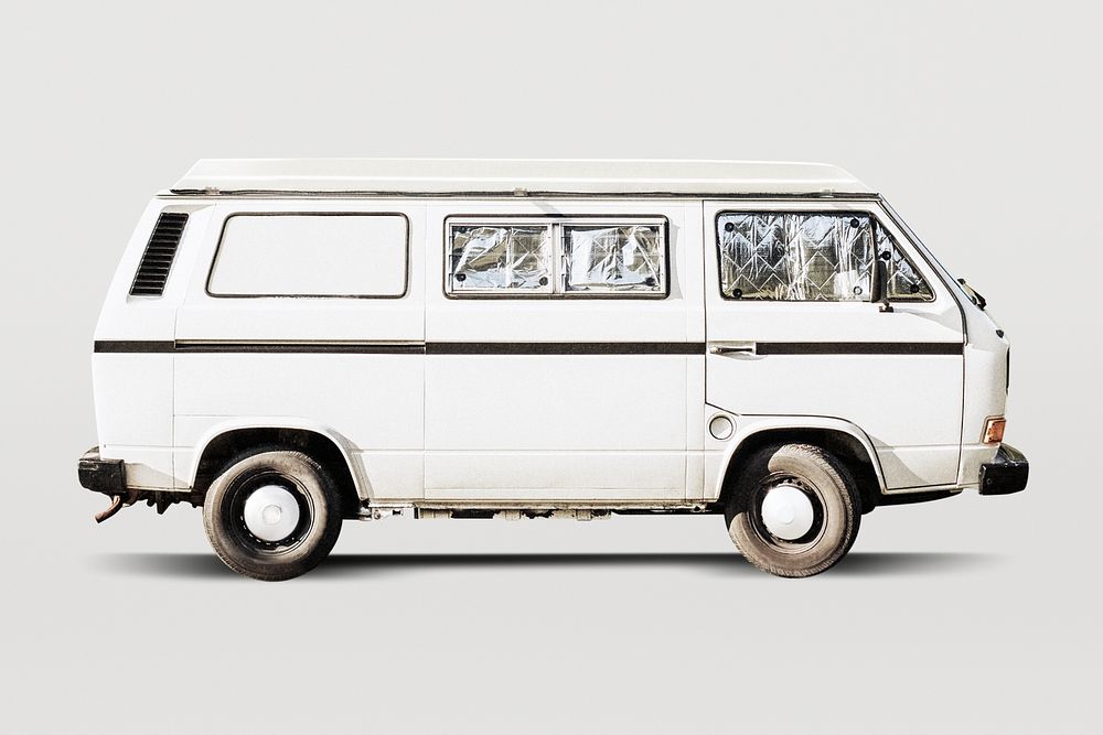 White retro van, classic car for camping psd