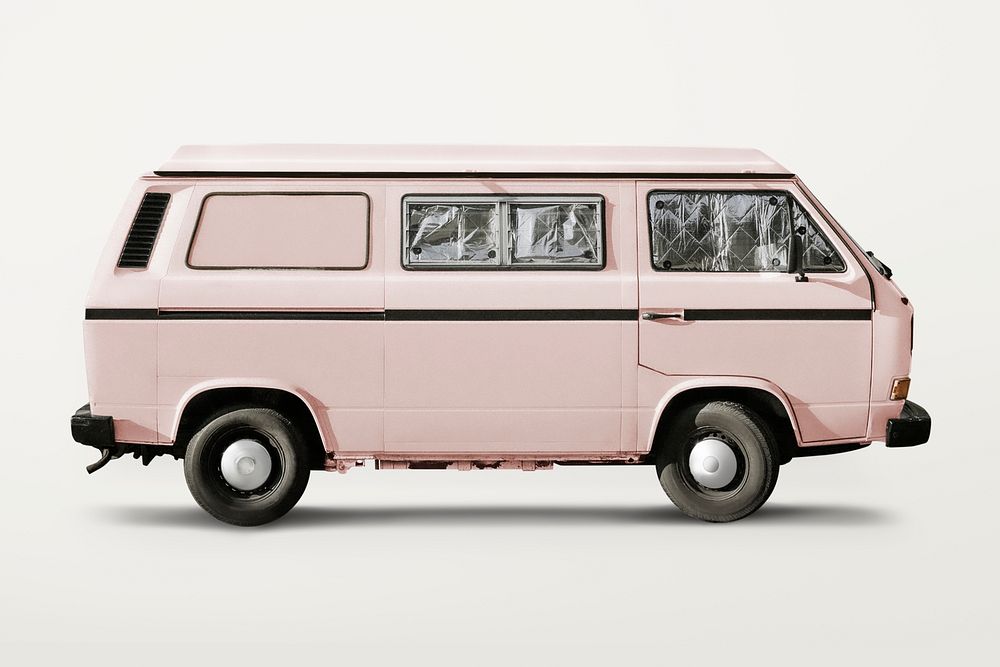 Pastel pink retro van, classic car for camping psd