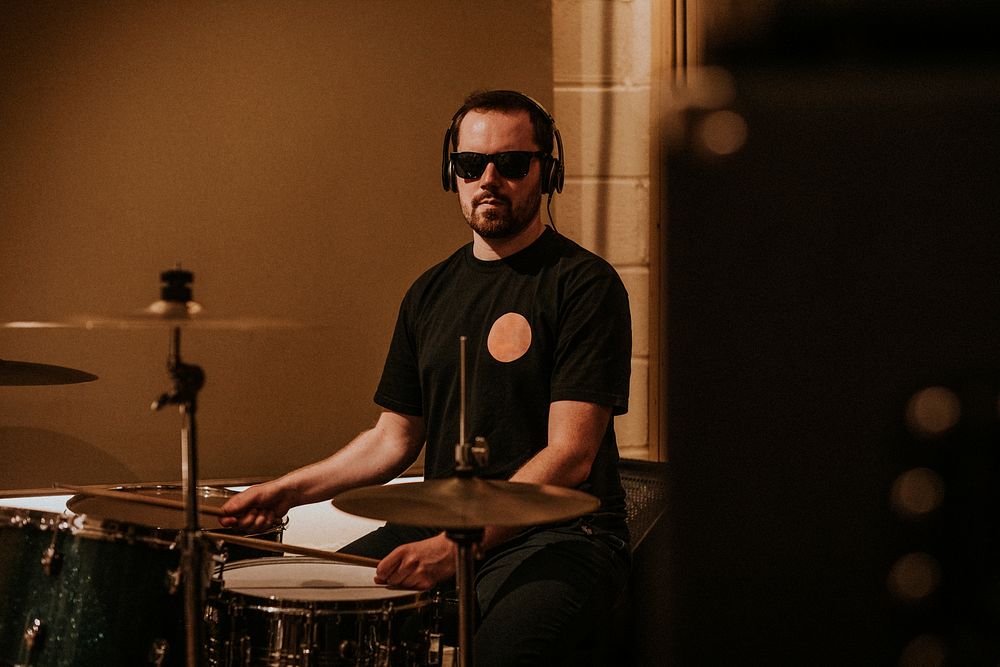 Drummer recording, music studio session HD photo
