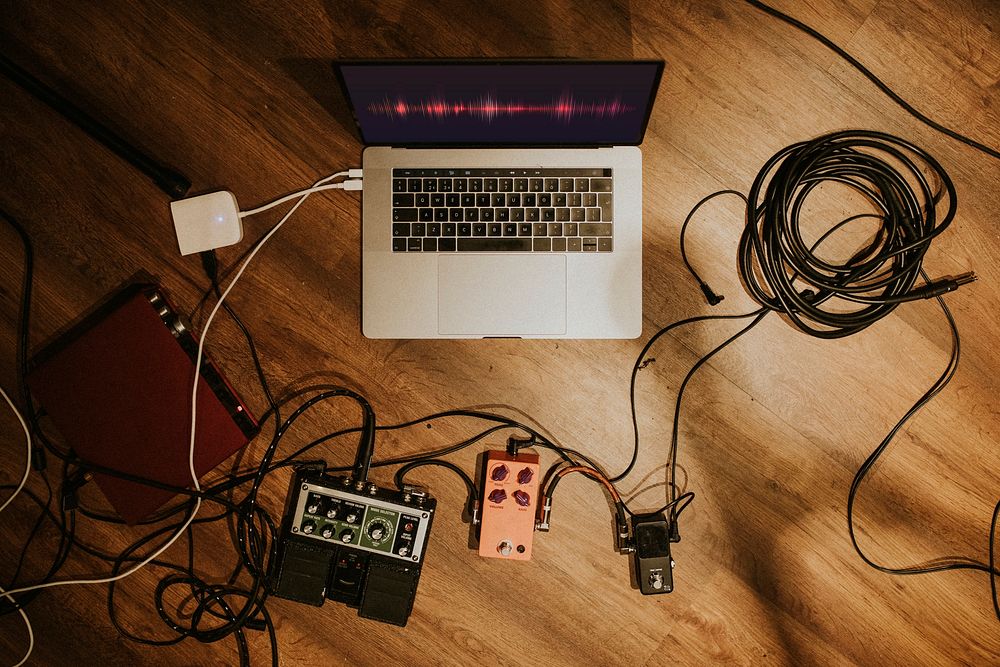 Music aesthetic recording studio, laptop and audio interface HD image