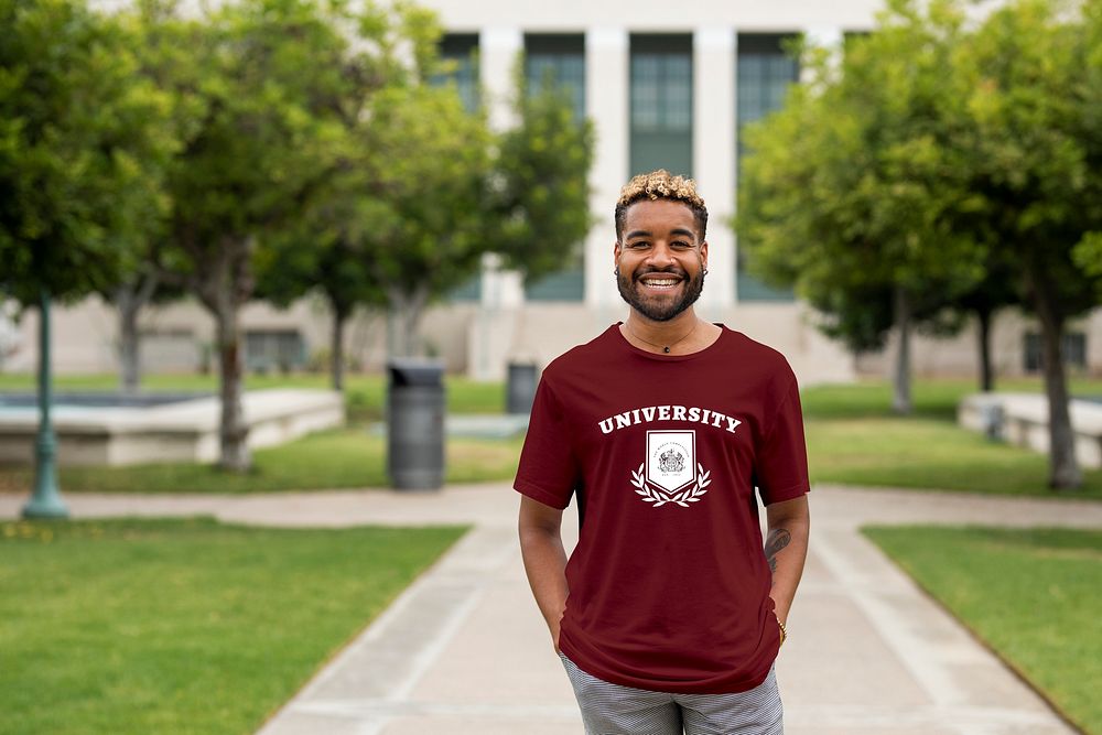 Man wearing university tee at campus, college apparel