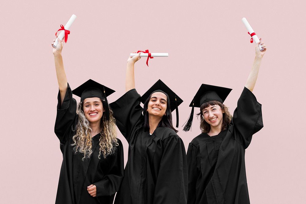 Happy graduating students psd isolated on gray background
