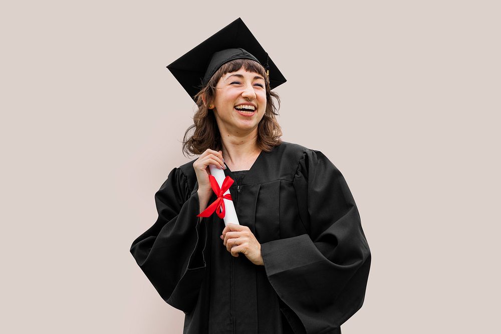 Graduating female student psd isolated on beige background
