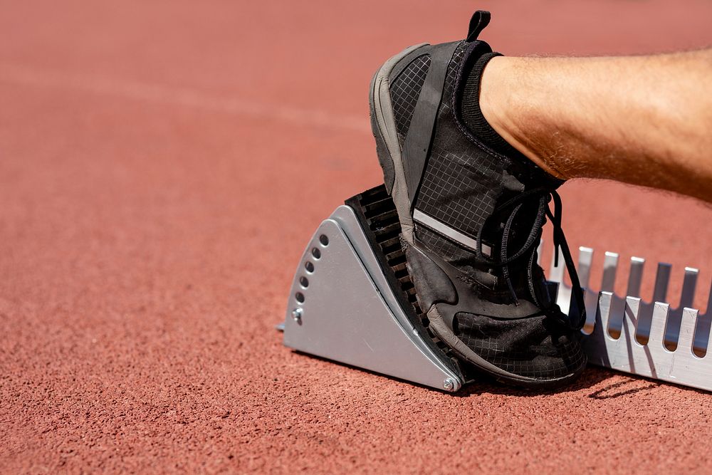 Athlete's foot on sprint starting block 