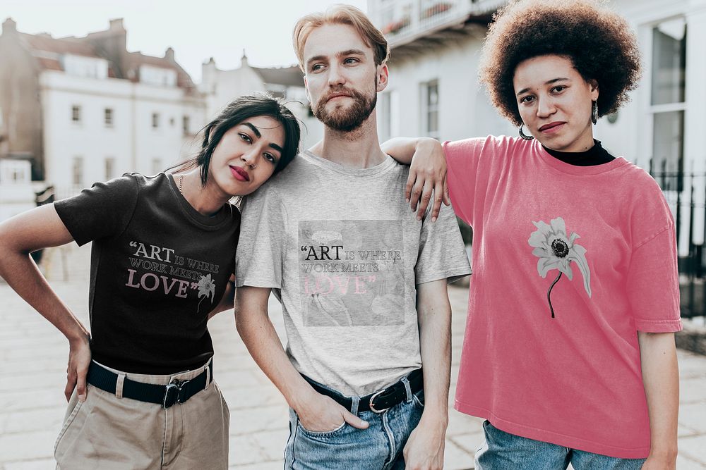 T-shirt mockup psd on three friends models