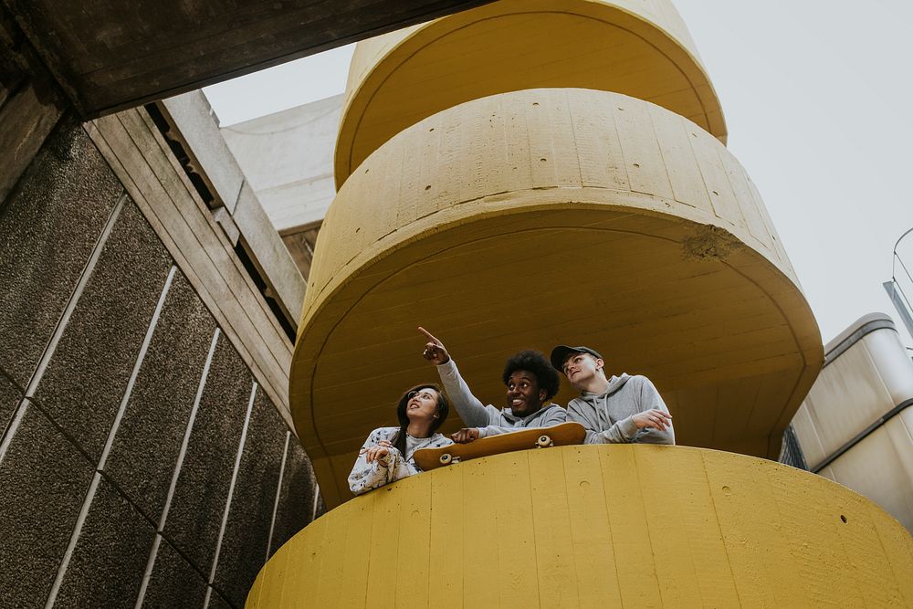 Diverse skaters at yellow stairs