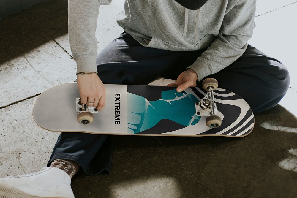 Skateboard mockup psd, customizable sport product