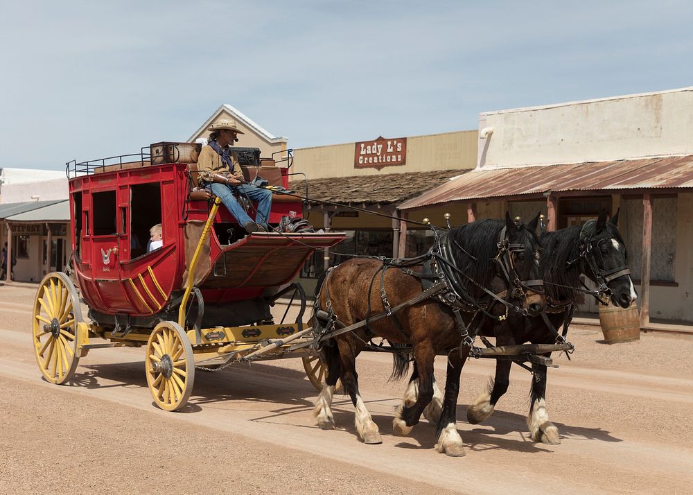 A stagecoach rumbles past in Old Tombstone in southeastern Arizona, once a hotbed of Old West gunfights and such at its O.K.…