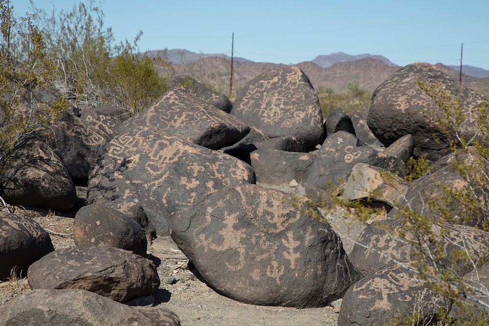 Rock carvings at the Painted Rocks petroglyph site, near the town of Theba in Maricopa County, Arizona.