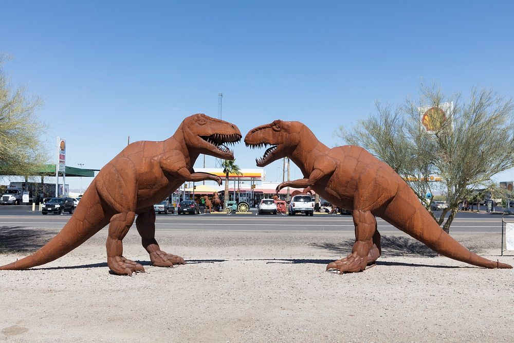 Two large, ferocious-looking Tyrannosaurus metal-art sculptures face off outside Holt's gas station and gift shop in Gila…