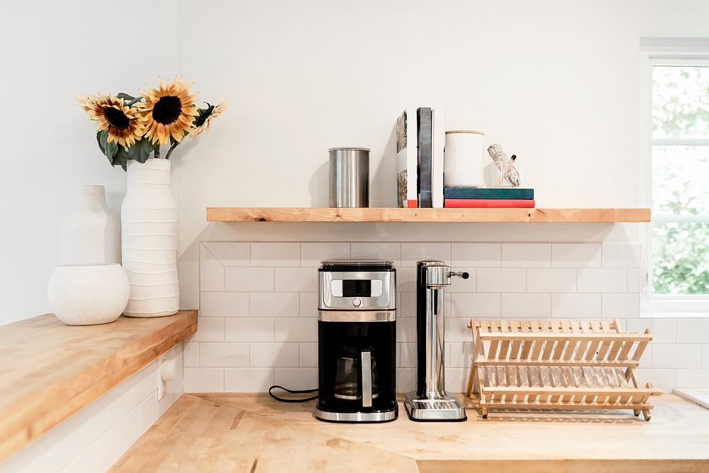 Wooden kitchen counter, minimal interior design