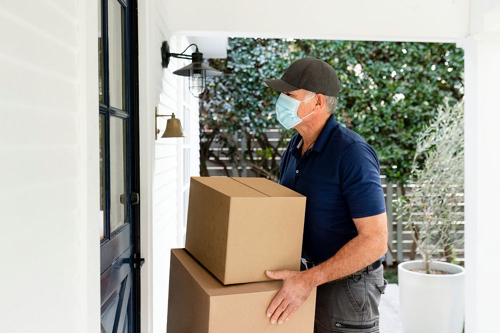 Package delivery service man holding boxes image