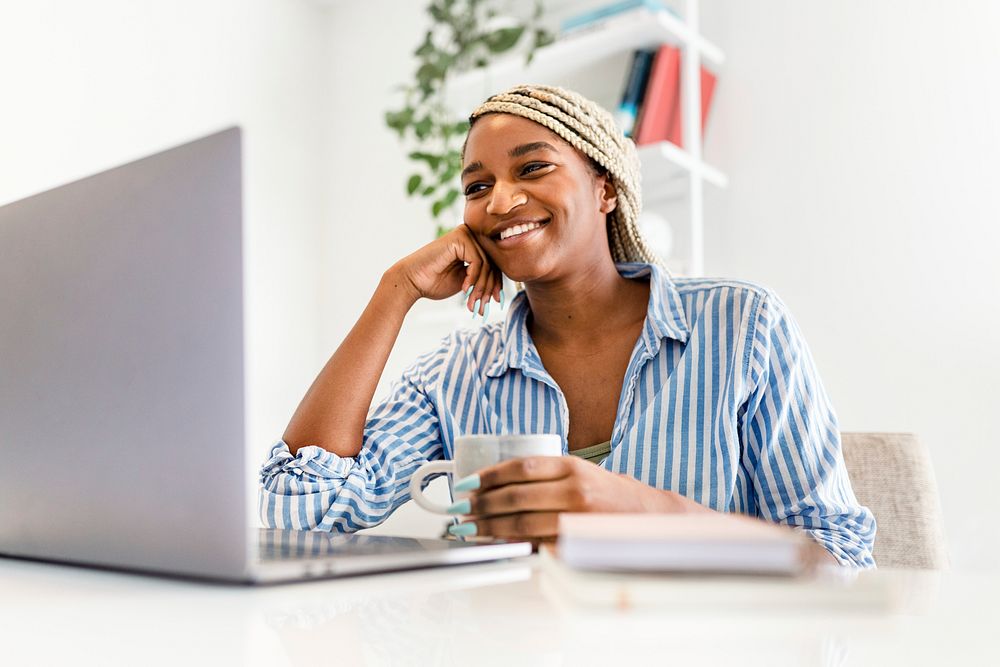 Smiling woman, business online meeting on laptop