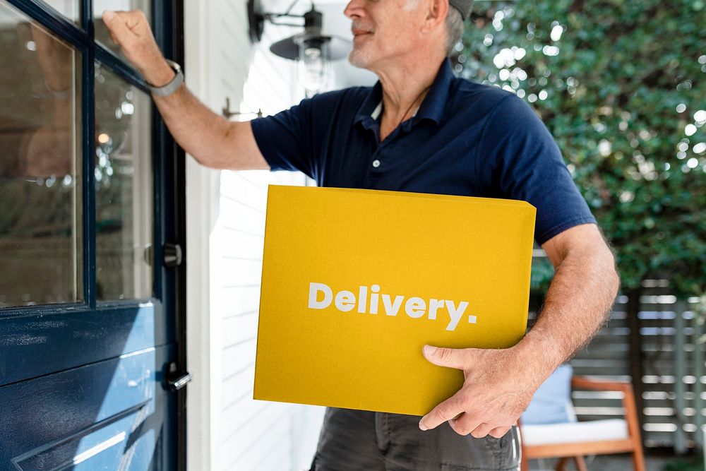Parcel box mockup, package delivery man at the doorstep psd
