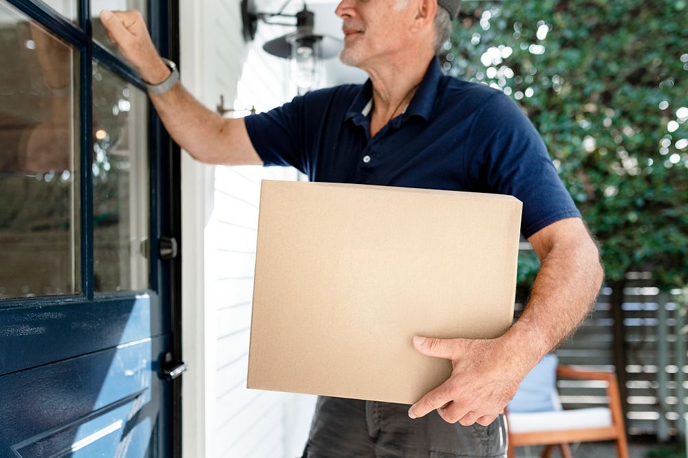 Delivery man knocking on door, holding parcel box with blank space