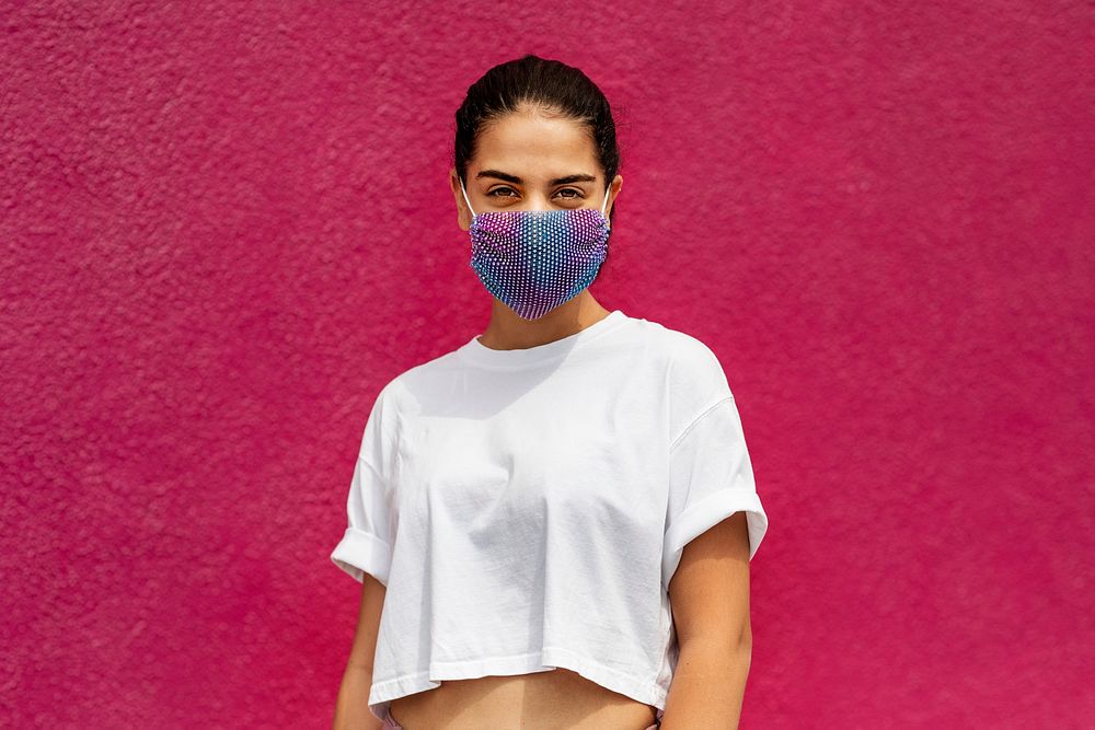 Hispanic woman wearing gradient face mask, the new normal lifestyle