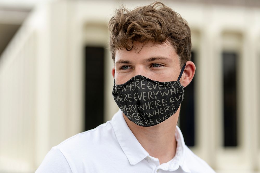 Fabric face mask mockup psd, dark design, new normal lifestyle
