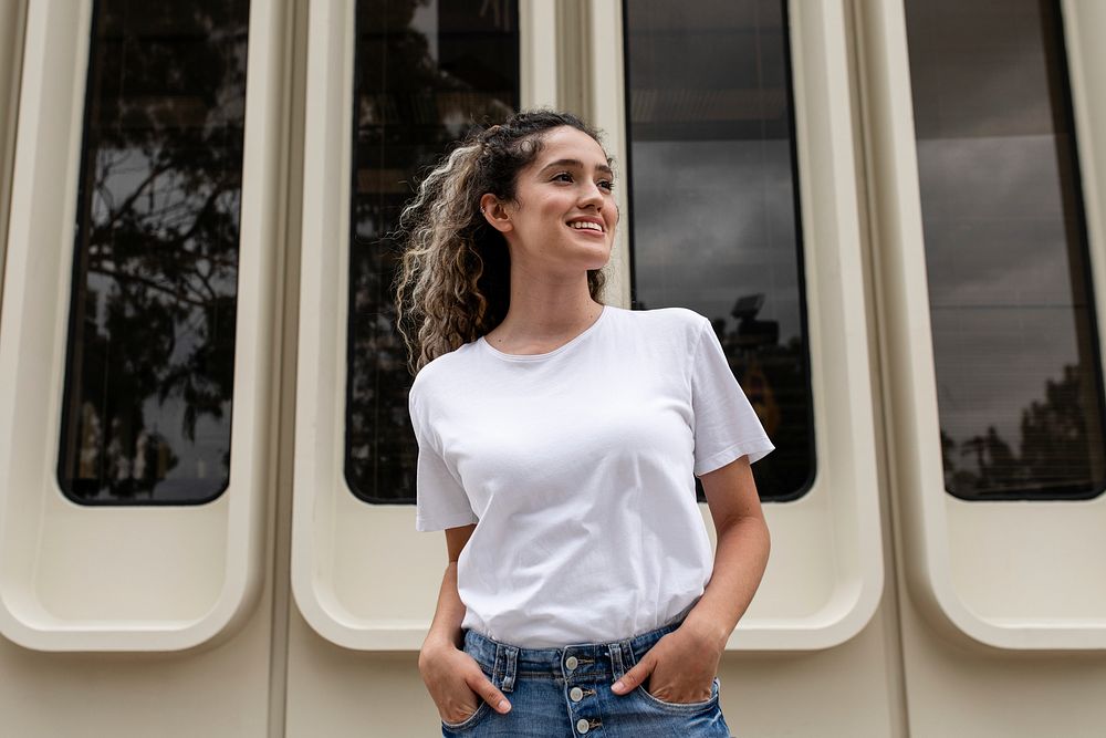 Woman in white tee casual wear fashion