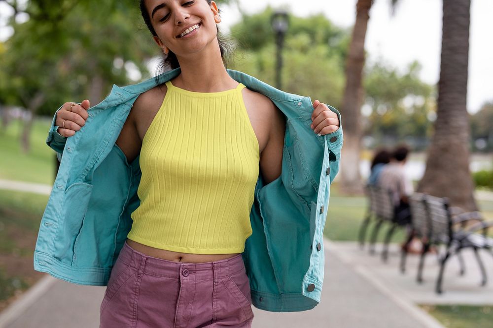 Women&rsquo;s jacket mockup psd, editable tank top, green design, casual apparel fashion