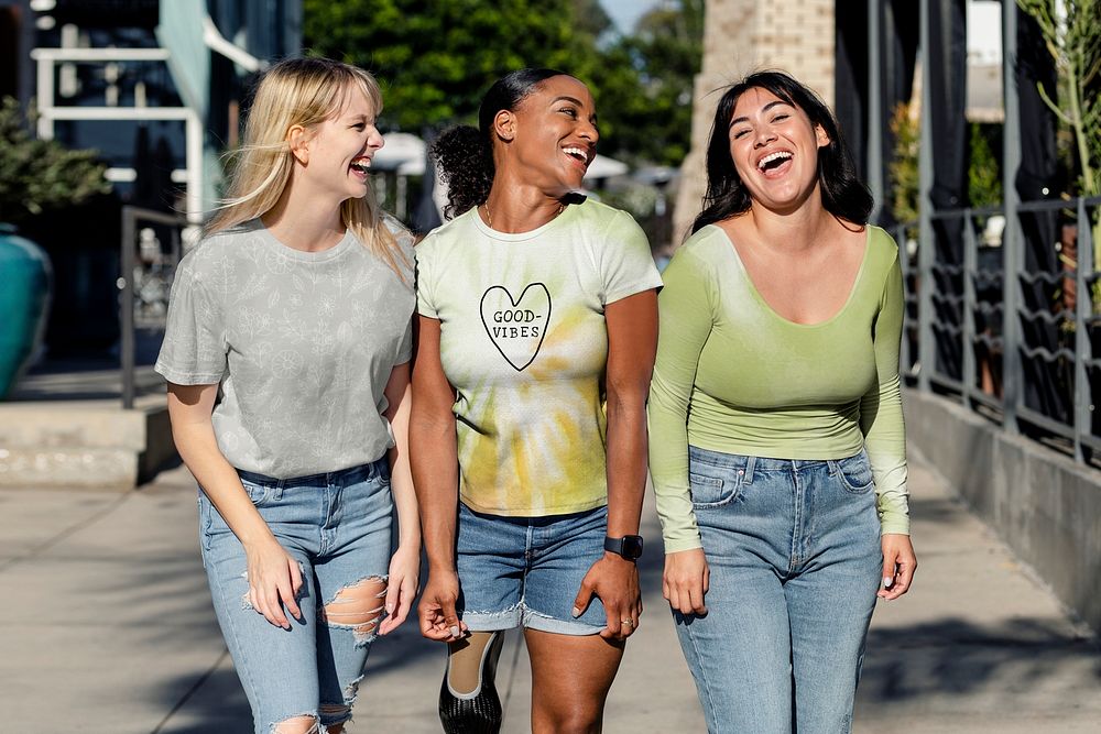 Casual apparel mockups, psd tshirt & tank top, three mixed race girlfriends