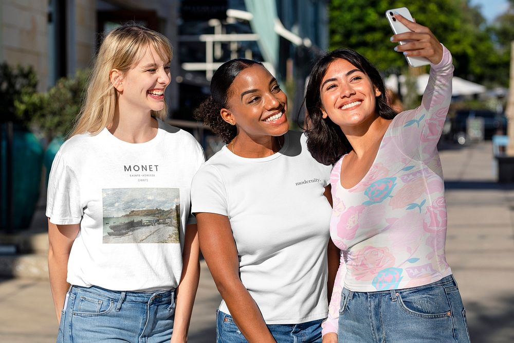 Summer apparel mockup psd, three confident women taking selfie together