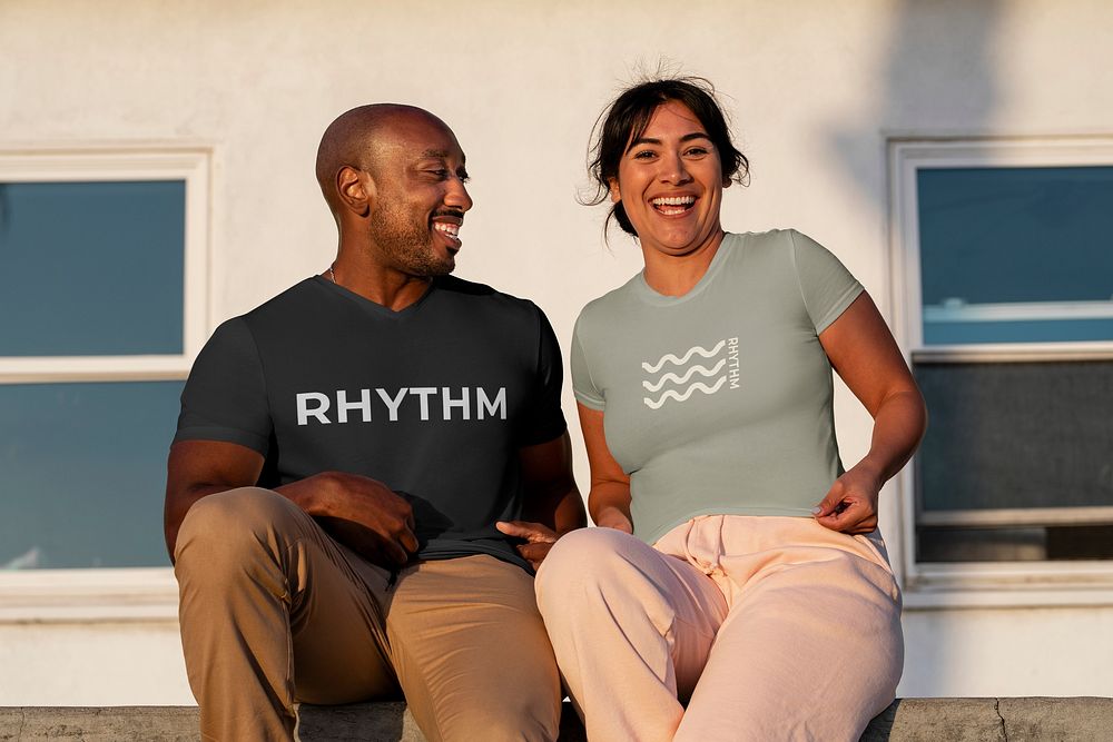 Casual tshirt mockup, customizable psd, couple enjoying dating in urban scene
