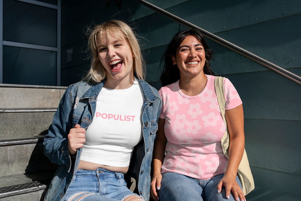 Young women friends, chilling & hanging out on campus, populist tshirt design