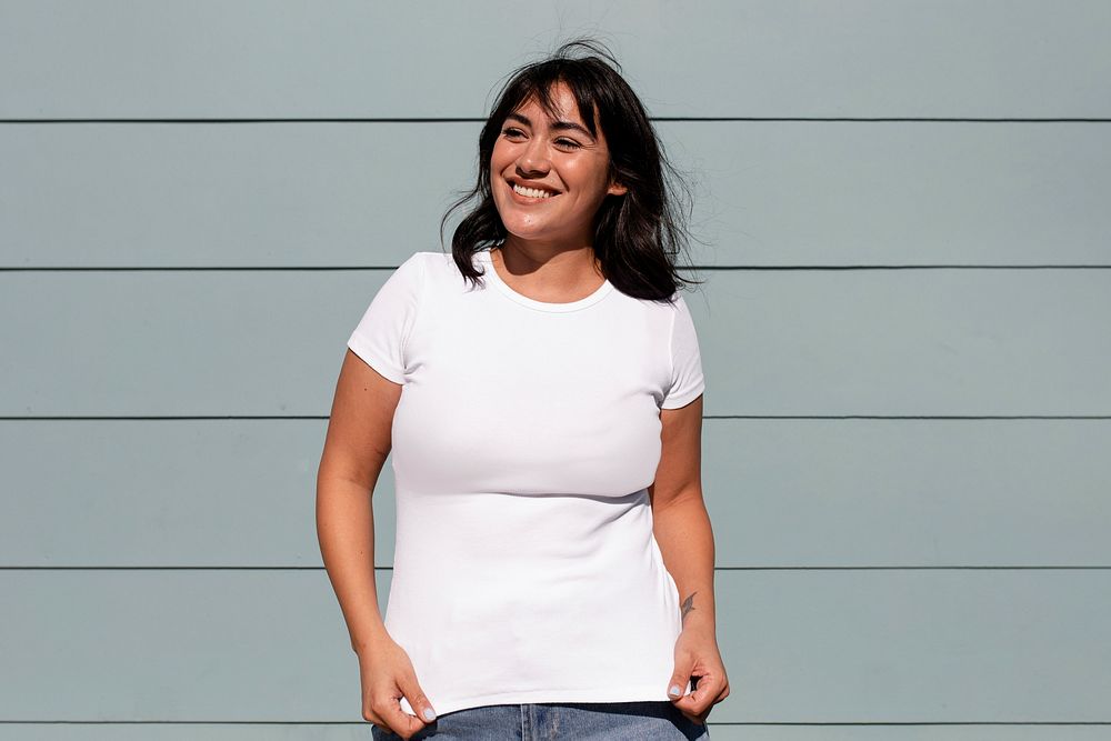 Happy Latina woman wearing a plain white tshirt