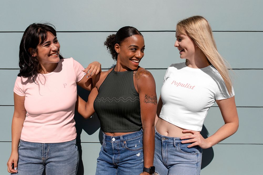 Summer apparel mockup psd, three confident women, community of inclusion & equality