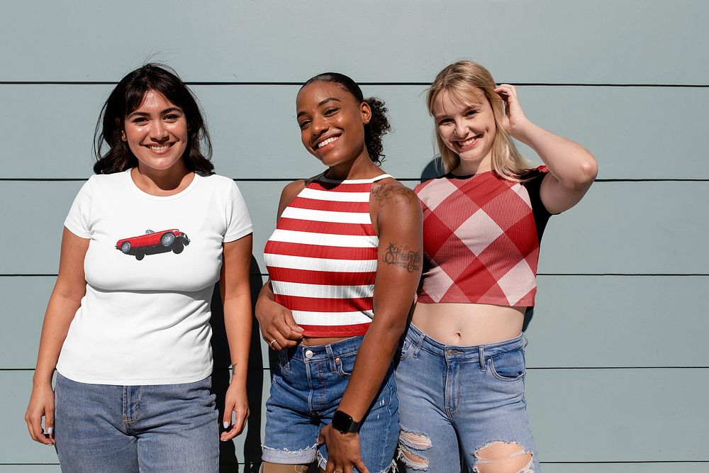 Summer apparel mockup psd, three confident women, community of inclusion & equality