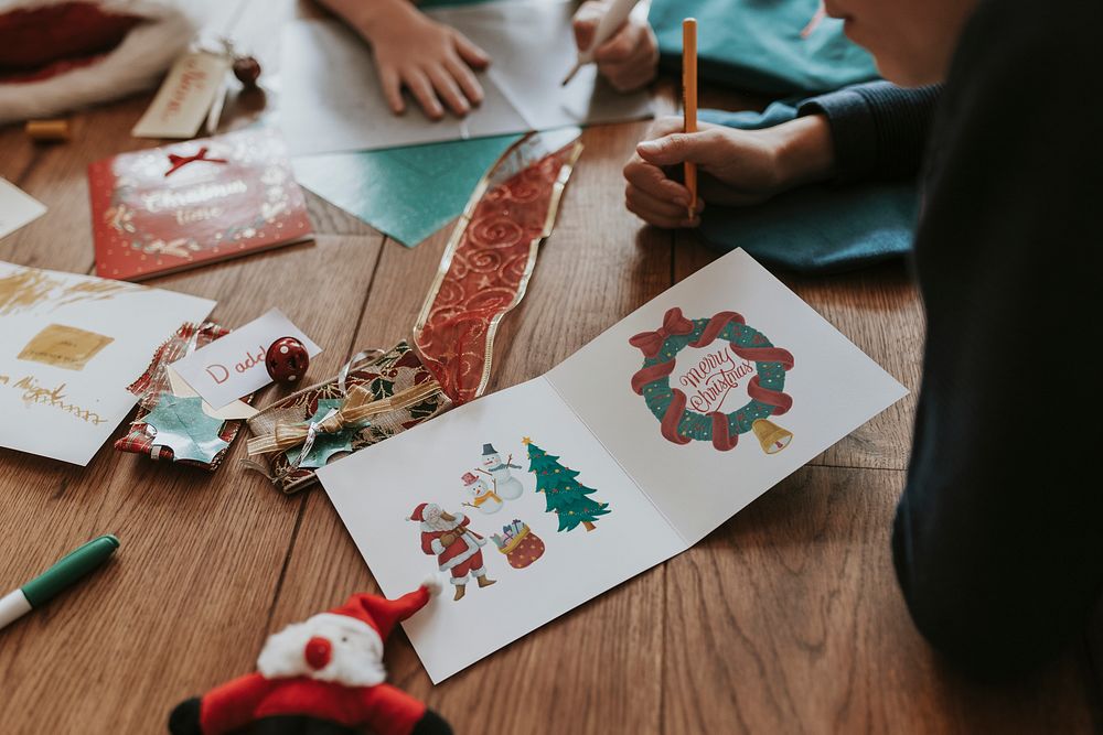Christmas card mockup psd, on wooden floor, festive stationery
