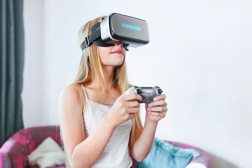 VR headset mockup psd, girl playing game, entertainment technology