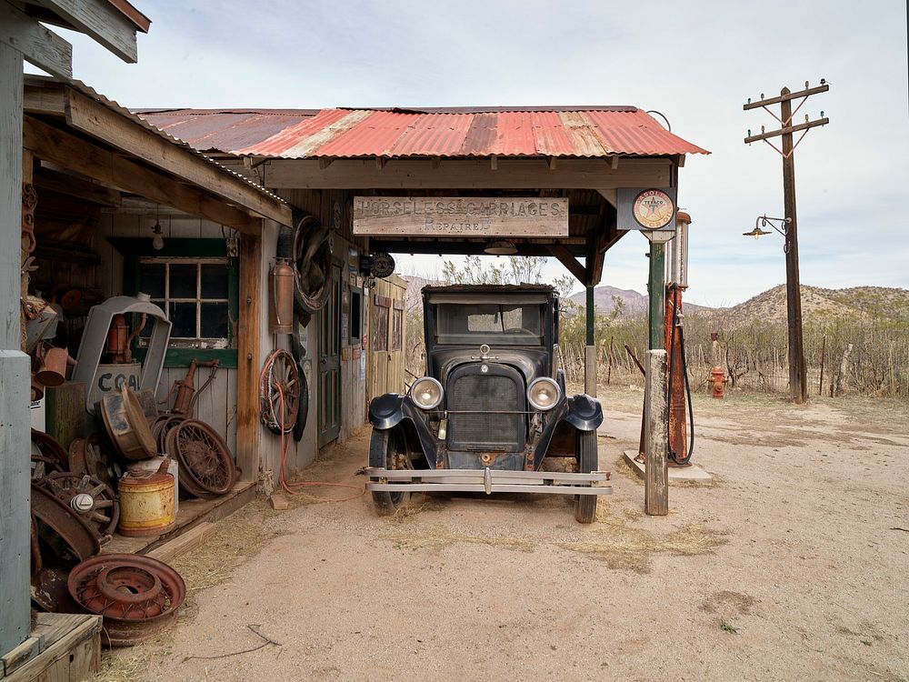 Vintage car and garage at Gammons Gulch, a recreated Old West town and the site of dozens of movies, commerical shoots and…