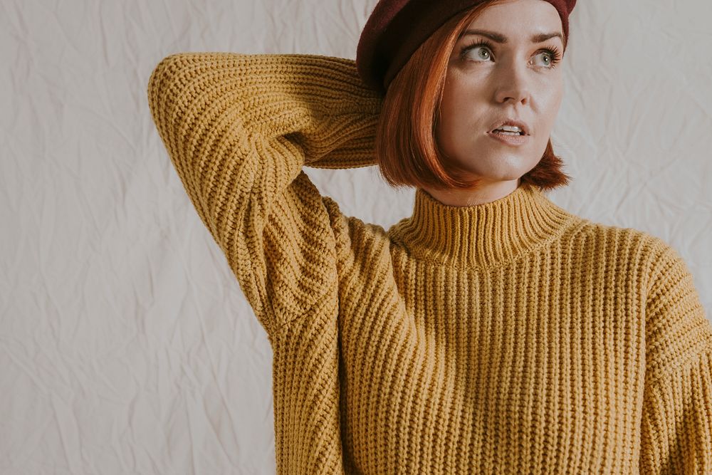 Woman in yellow sweater, autumn apparel fashion design