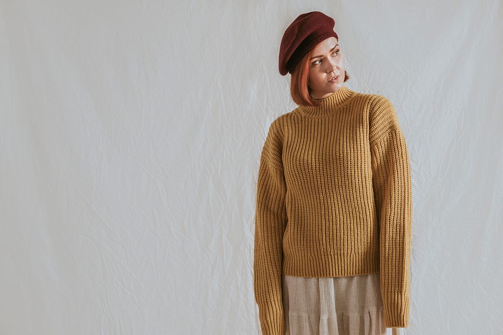 Woman in yellow jumper and brown beret, autumn apparel fashion design