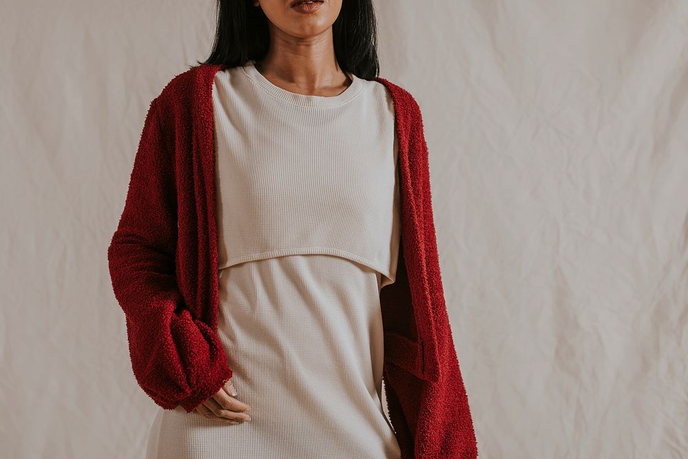 Woman in red cardigan and white dress, autumn apparel fashion design