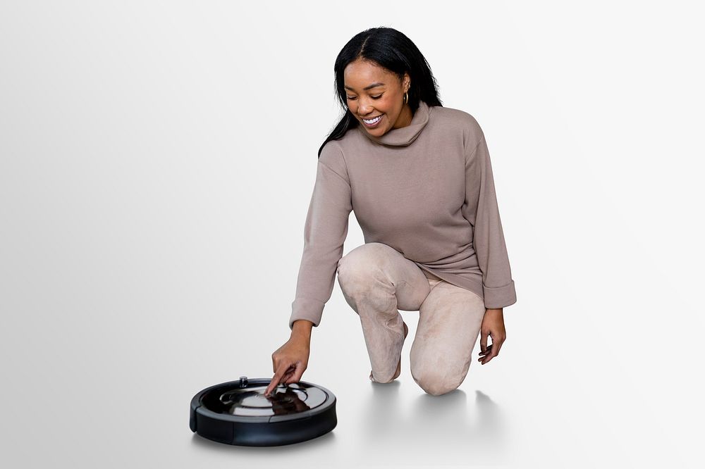 Woman using robot vacuum cleaner psd