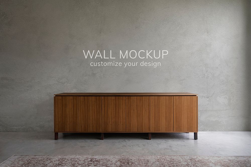 Wall mockup, wooden sideboard and concrete floor interior psd
