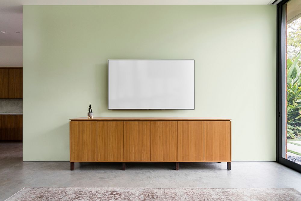 Blank TV screen, living room interior