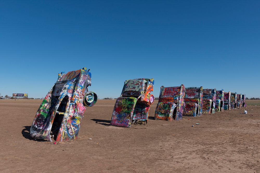 At the &rdquo;Cadillac Ranch" along Old U.S. Route 66 outside Amarillo, Texas, visitors are encouraged to bring along a…