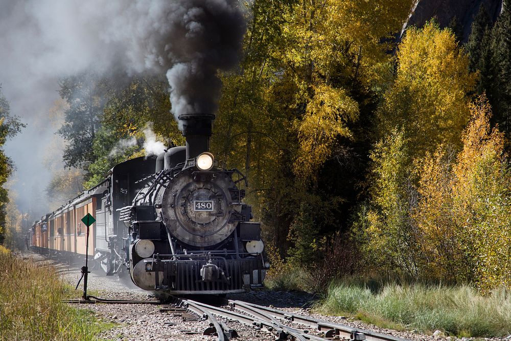 A Durango & Silverton Narrow-Gauge Scenic Railroad train, pulled by a vintage steam locomotive, chugs through the San Juan…