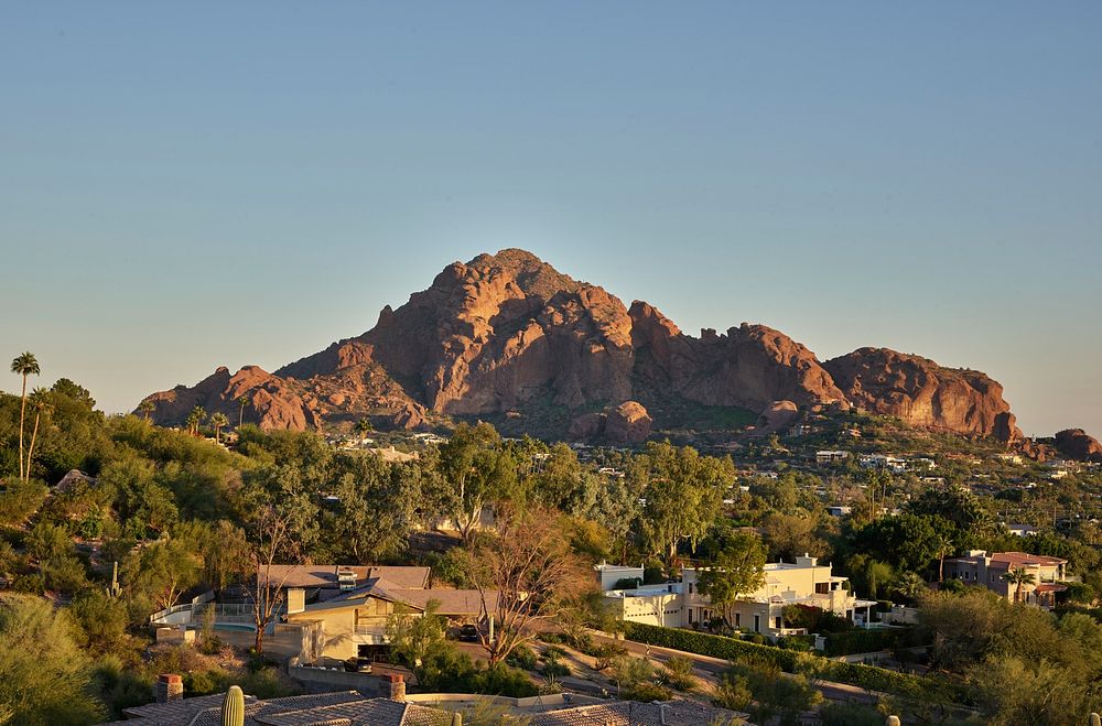 Camelback Mountain, an iconic natural attraction of the Phoenix, Arizona, &ldquo;Valley of the Sun,&rdquo; as seen from…