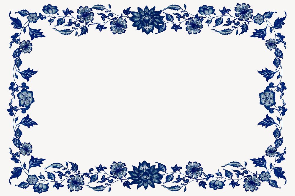 Blue vintage flower frame, decorative design psd
