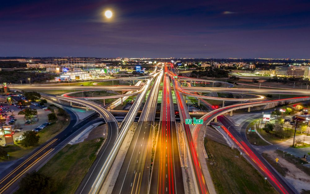 Night view of the Texas State Highway Loop 1604 at San Antonio, Texas, USA