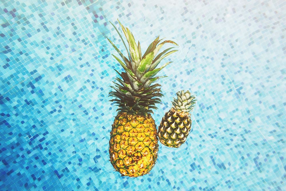 Tropical pineapples in a swimming pool