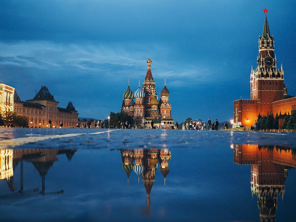 Reflection of Red Square in Moscow in the river at night