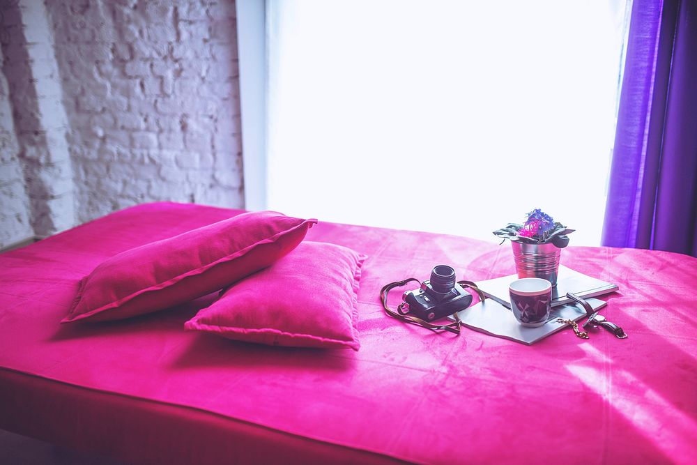 Bright pink sofa bed. Visit Kaboompics for more free images.